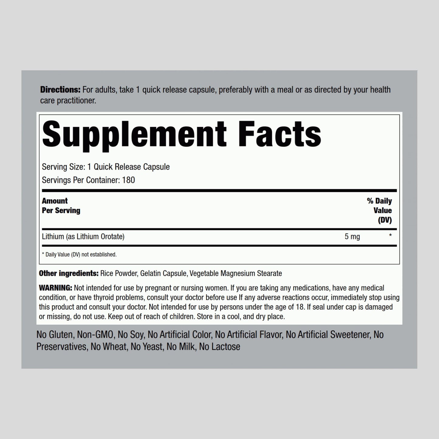 Piping Rock Lithium Orotate 5 mg – 180 Capsules, Non-GMO, Gluten Free (Pack of 2)
