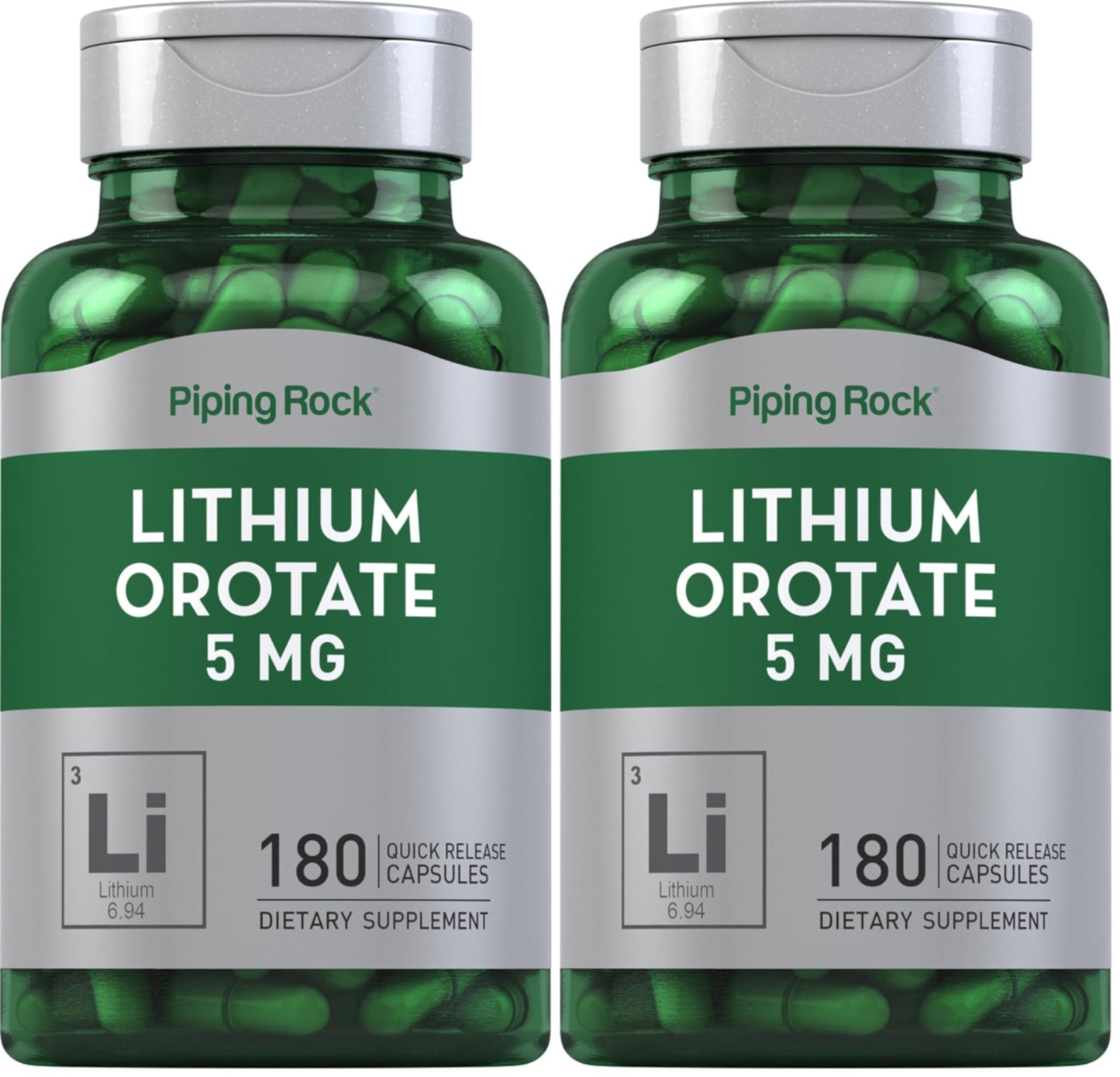Piping Rock Lithium Orotate 5 mg – 180 Capsules, Non-GMO, Gluten Free (Pack of 2)