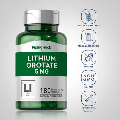 Piping Rock Lithium Orotate 5 mg – 180 Capsules, Non-GMO, Gluten Free (Pack of 2)