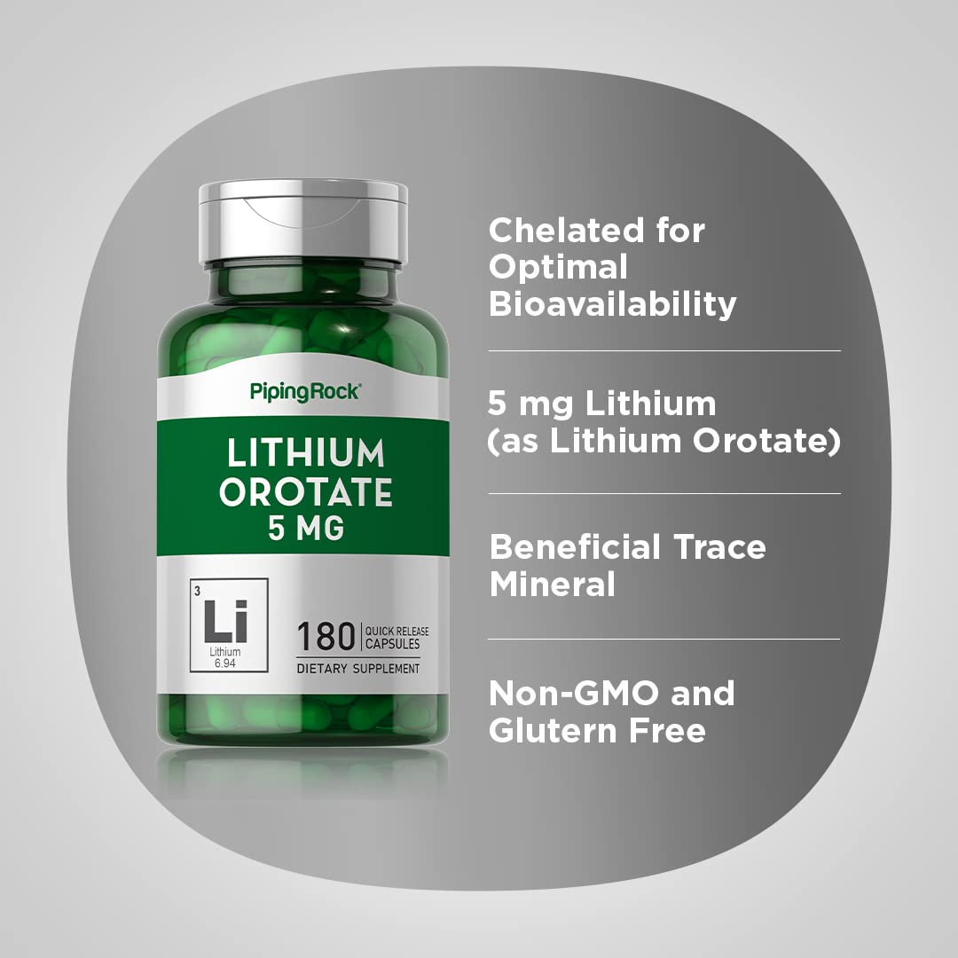 Piping Rock Lithium Orotate 5 mg – 180 Capsules, Non-GMO, Gluten Free (Pack of 2)