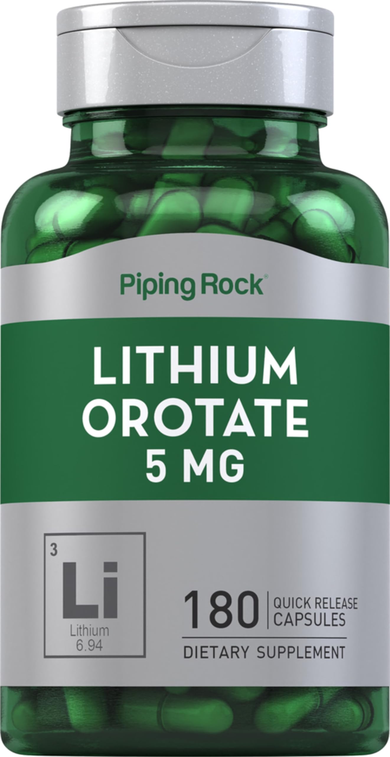Piping Rock Lithium Orotate Supplement – 5 mg, 180 Capsules | Non-GMO, Gluten Free