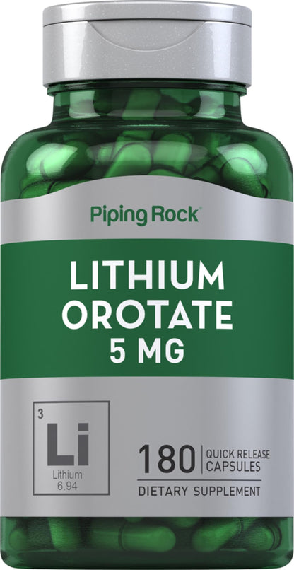 Piping Rock Lithium Orotate Supplement – 5 mg, 180 Capsules | Non-GMO, Gluten Free