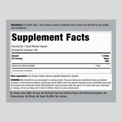 Piping Rock Lithium Orotate Supplement – 5 mg, 180 Capsules | Non-GMO, Gluten Free