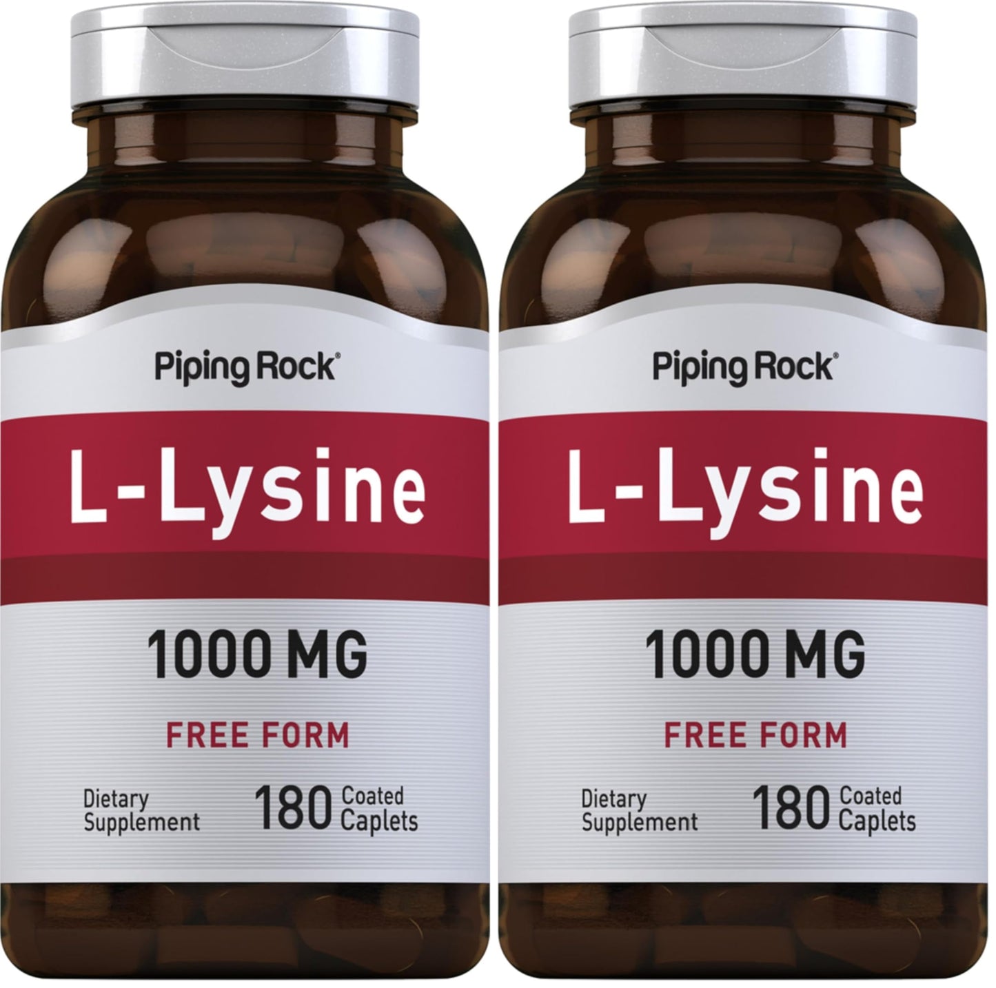 Piping Rock L-Lysine 1000mg | 180 Caplets | Free Form | Vegetarian, Non-GMO, Gluten Free (Pack of 2)