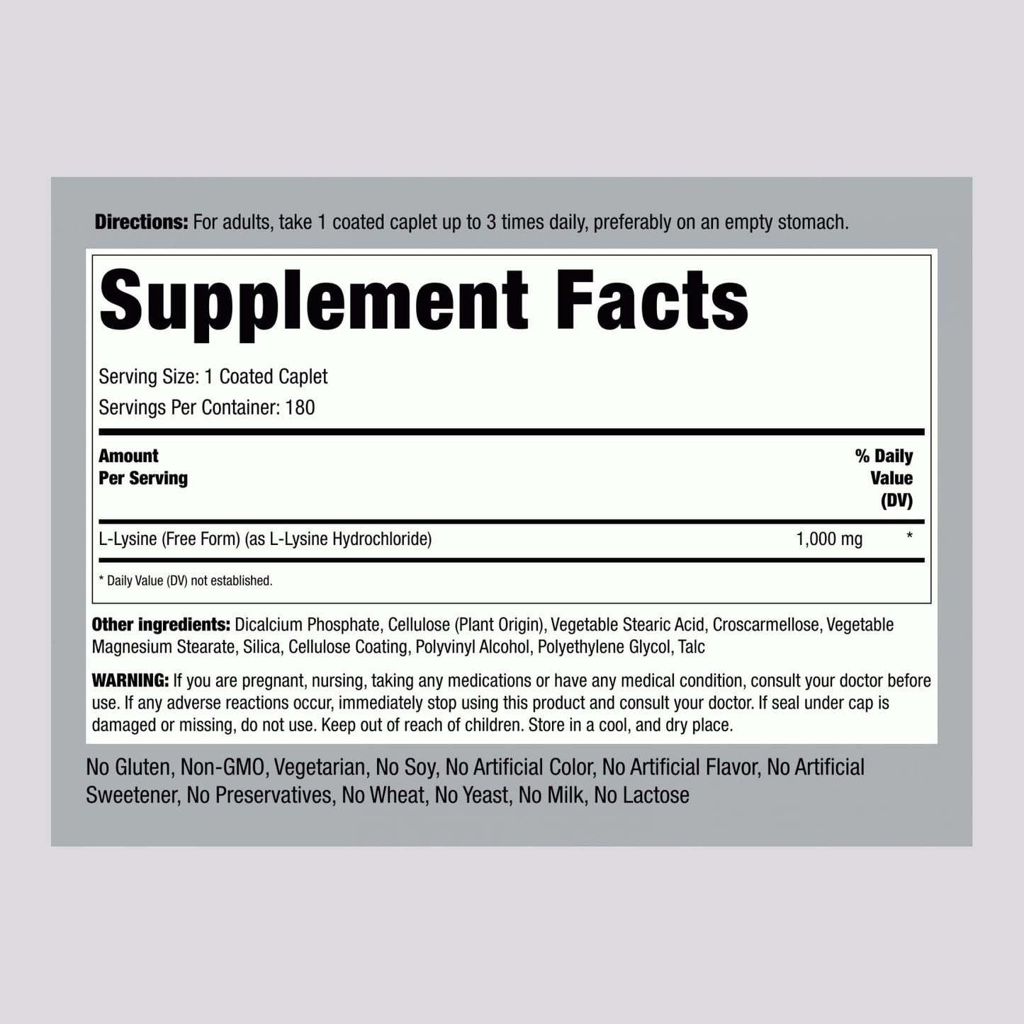 Piping Rock L-Lysine 1000mg | 180 Caplets | Free Form | Vegetarian, Non-GMO, Gluten Free (Pack of 2)
