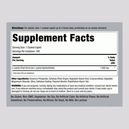 Piping Rock L-Lysine 1000mg | 180 Caplets | Free Form | Vegetarian, Non-GMO, Gluten Free (Pack of 2)