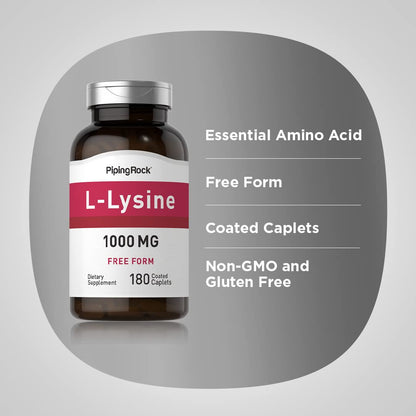 Piping Rock L-Lysine 1000mg | 180 Caplets | Free Form | Vegetarian, Non-GMO, Gluten Free (Pack of 2)