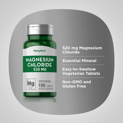 Piping Rock Magnesium Chloride 520mg - 100 Vegetarian Tablets | Non-GMO, Gluten Free