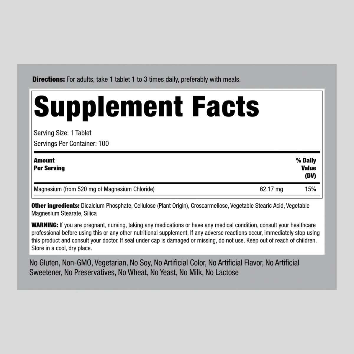 Piping Rock Magnesium Chloride 520mg – 100 Tablets | Vegetarian, Non-GMO, Gluten Free (Pack of 2)