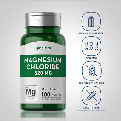 Piping Rock Magnesium Chloride 520mg – 100 Tablets | Vegetarian, Non-GMO, Gluten Free (Pack of 2)