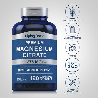 Piping Rock Magnesium Citrate 375 mg - 120 Softgels - High Absorption - Non-GMO, Gluten Free (Pack of 2)