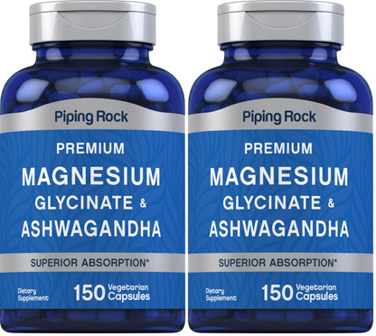 Piping Rock Magnesium Glycinate & Ashwagandha – 150 Capsules, Vegetarian, Non-GMO, Gluten Free (Pack of 2)