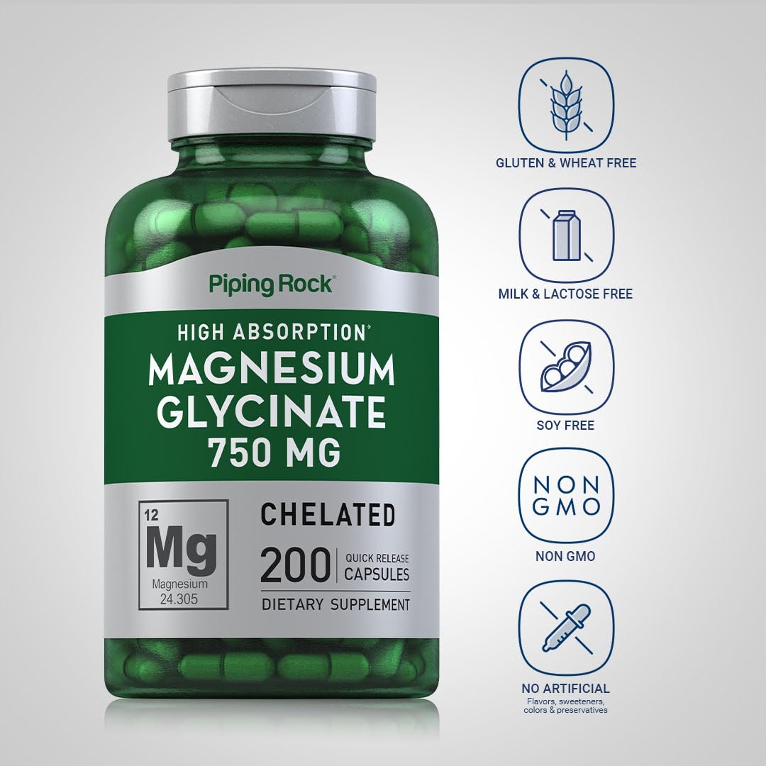 Piping Rock Magnesium Glycinate Capsules | 750mg | 200 Count | High Absorption | Chelated | Non-GMO and Gluten Free Supplement (Pack of 2)
