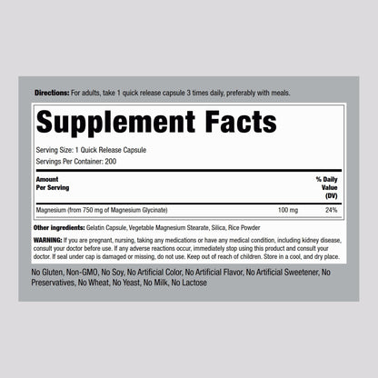 Piping Rock Magnesium Glycinate Capsules | 750mg | 200 Count | High Absorption | Chelated | Non-GMO and Gluten Free Supplement (Pack of 2)