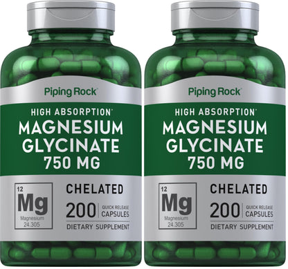 Piping Rock Magnesium Glycinate Capsules | 750mg | 200 Count | High Absorption | Chelated | Non-GMO and Gluten Free Supplement (Pack of 2)