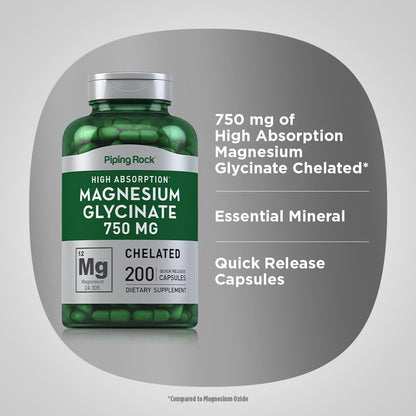 Piping Rock Magnesium Glycinate Capsules | 750mg | 200 Count | High Absorption | Chelated | Non-GMO and Gluten Free Supplement (Pack of 2)