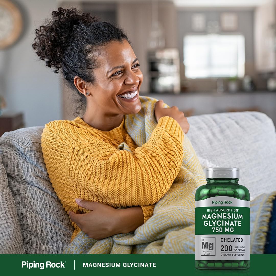 Piping Rock Magnesium Glycinate Capsules | 750mg | 200 Count | High Absorption | Chelated | Non-GMO and Gluten Free Supplement (Pack of 2)