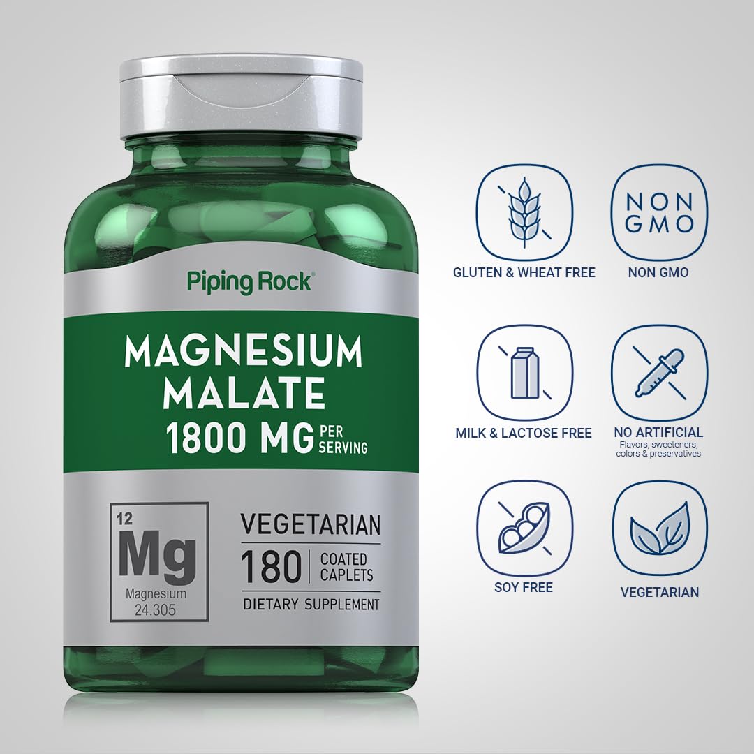 Piping Rock Magnesium Malate 1800 mg – 180 Caplets (Pack of 2)