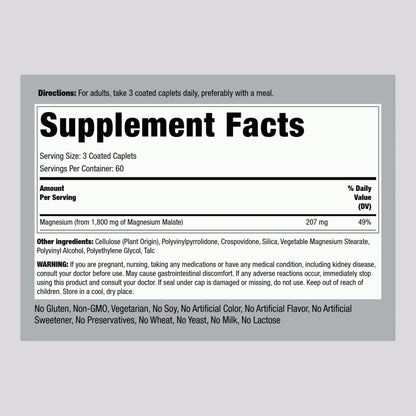 Piping Rock Magnesium Malate 1800 mg – 180 Caplets (Pack of 2)