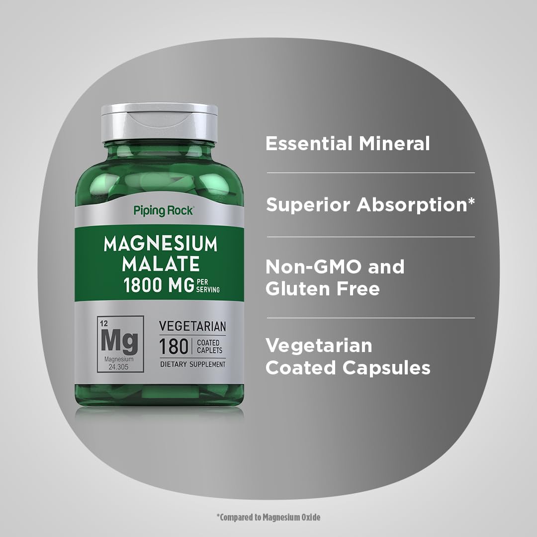 Piping Rock Magnesium Malate 1800 mg – 180 Caplets (Pack of 2)