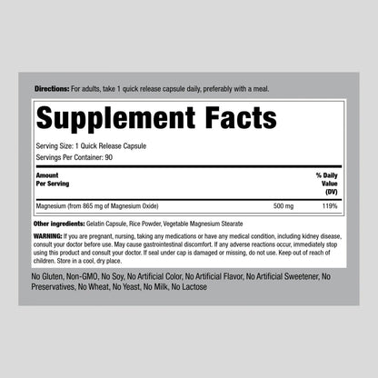 Piping Rock Magnesium Oxide 500mg Capsules – 180 Count (Pack of 2) | Non-GMO, Gluten Free