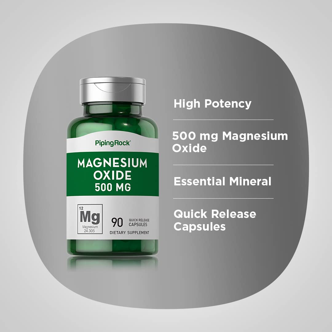 Piping Rock Magnesium Oxide 500mg Capsules – 180 Count (Pack of 2) | Non-GMO, Gluten Free