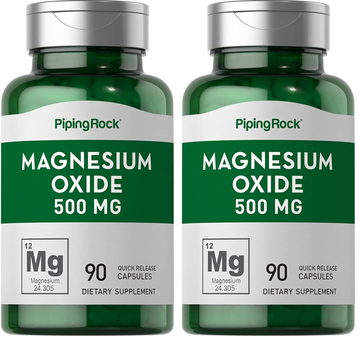 Piping Rock Magnesium Oxide 500mg Capsules – 180 Count (Pack of 2) | Non-GMO, Gluten Free