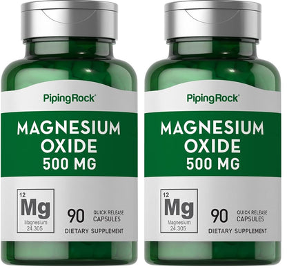 Piping Rock Magnesium Oxide 500mg Capsules – 180 Count (Pack of 2) | Non-GMO, Gluten Free
