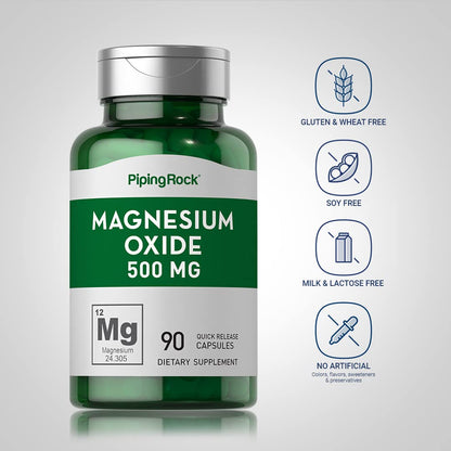 Piping Rock Magnesium Oxide 500mg Capsules – 180 Count (Pack of 2) | Non-GMO, Gluten Free