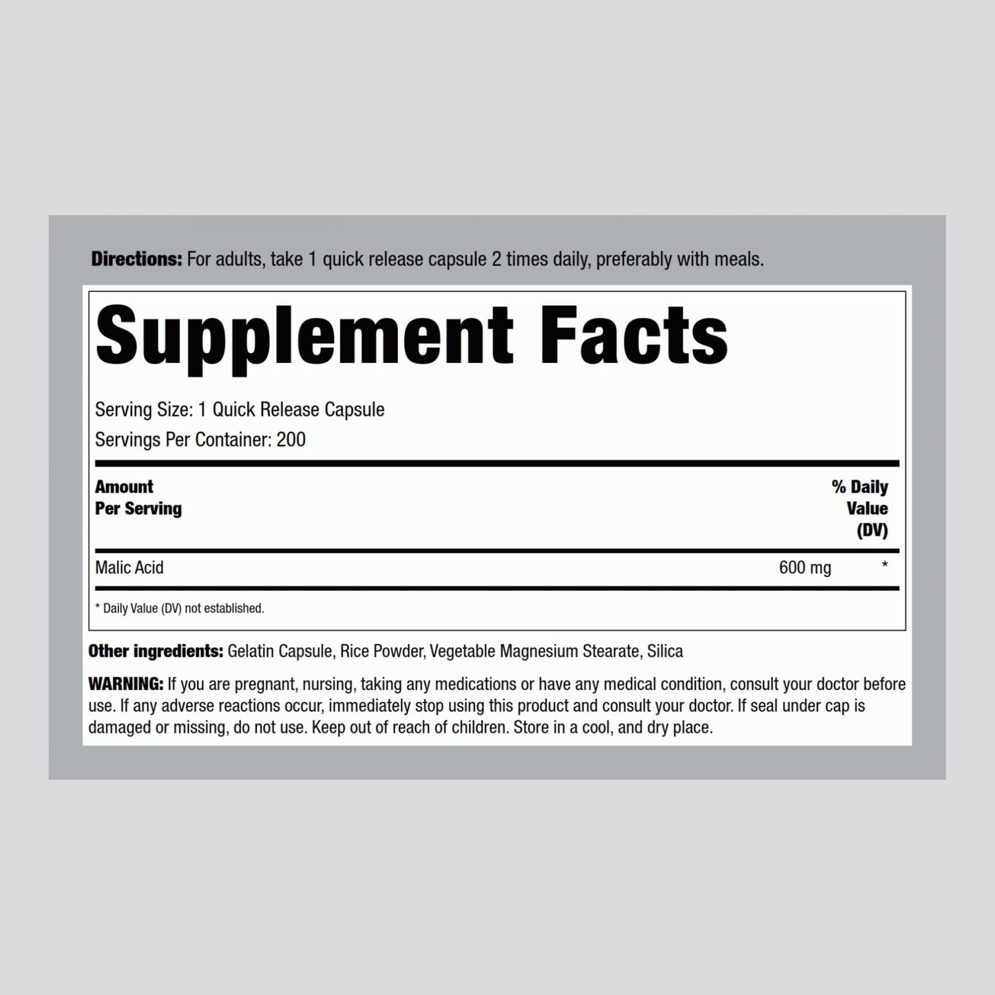 Piping Rock Malic Acid Capsules 600mg - 200 Caps (Pack of 2) | Gluten Free & Non-GMO