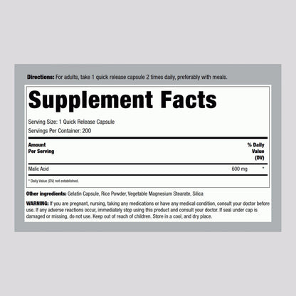 Piping Rock Malic Acid Capsules 600mg - 200 Caps (Pack of 2) | Gluten Free & Non-GMO