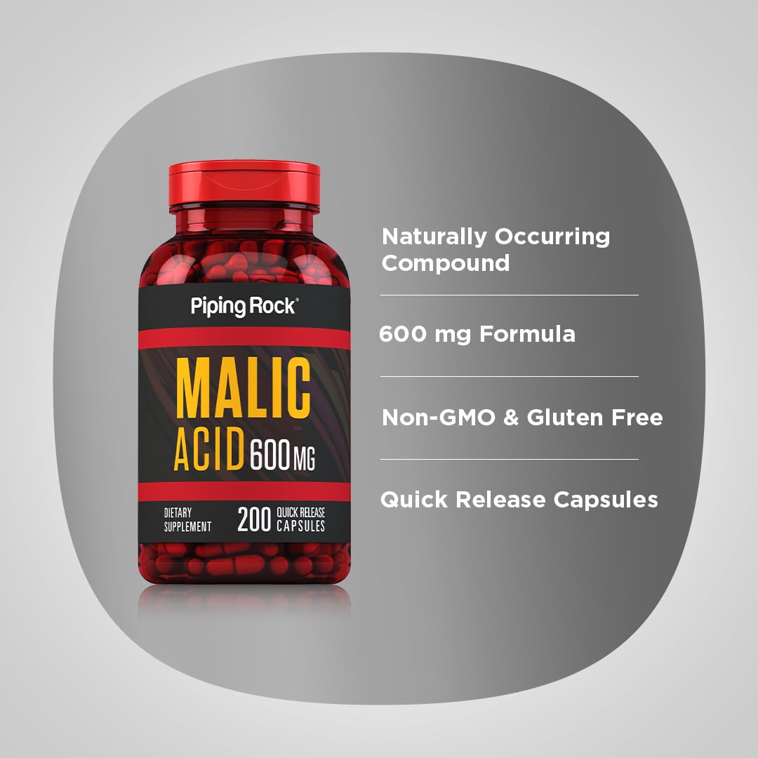 Piping Rock Malic Acid Capsules 600mg - 200 Caps (Pack of 2) | Gluten Free & Non-GMO