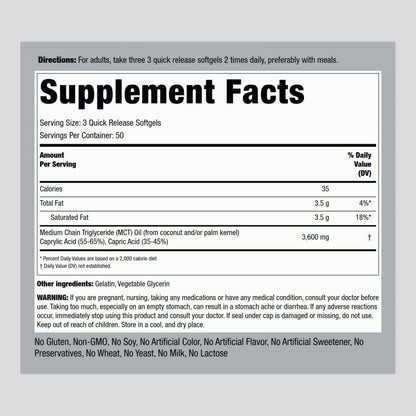 Piping Rock MCT Oil Softgel Capsules | 3600mg | 150 Pills | Keto-Approved | Non-GMO, Gluten Free Supplement (Pack of 2)