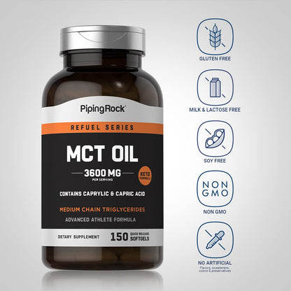 Piping Rock MCT Oil Softgel Capsules | 3600mg | 150 Pills | Keto-Approved | Non-GMO, Gluten Free Supplement (Pack of 2)