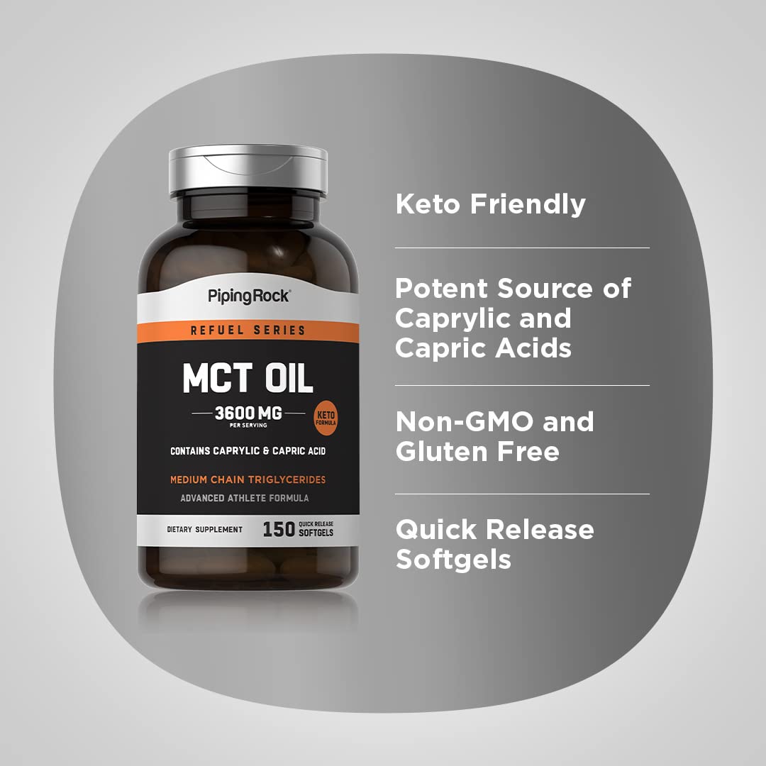 Piping Rock MCT Oil Softgel Capsules | 3600mg | 150 Pills | Keto-Approved | Non-GMO, Gluten Free Supplement (Pack of 2)