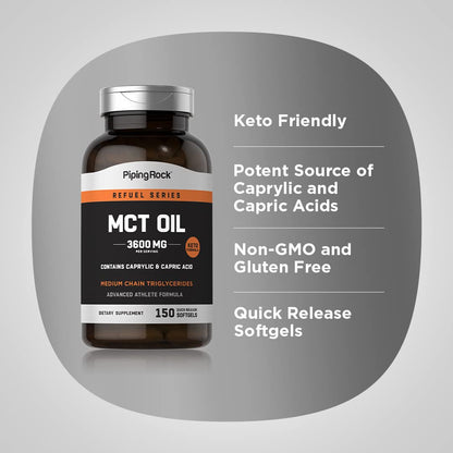 Piping Rock MCT Oil Softgel Capsules | 3600mg | 150 Pills | Keto-Approved | Non-GMO, Gluten Free Supplement (Pack of 2)