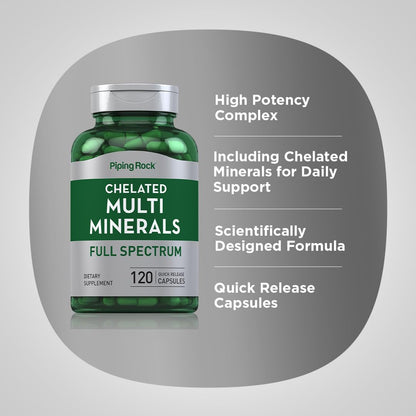 Piping Rock Mega Multi Mineral Chelated Supplement – 120 Capsules – Iron Free – Non-GMO – Gluten Free – Pack of 2 – For Men & Women