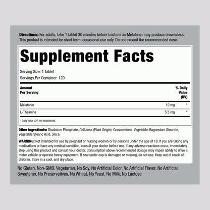 Piping Rock Melatonin 10mg | 120 Tablets | with L-Theanine | Adult Sleep Supplement | Extra Strength Formula | Vegetarian, Non-GMO, Gluten Free