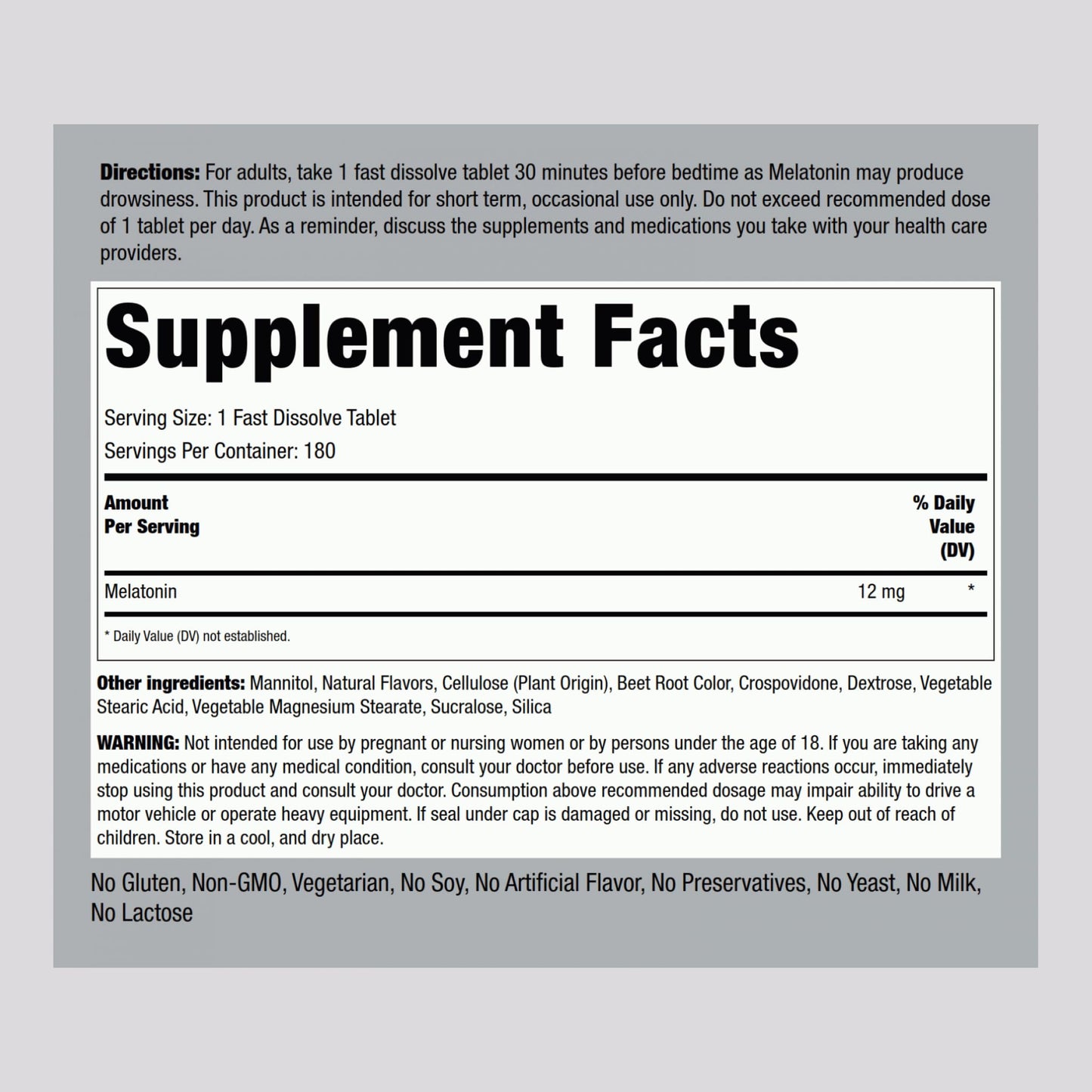 Piping Rock Melatonin 12 mg – 180 Fast-Dissolve Tablets (Berry) – Non-GMO, Gluten Free | Pack of 2