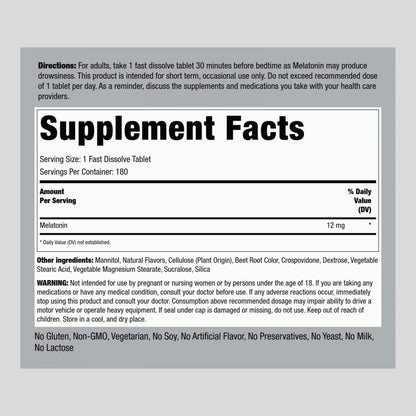 Piping Rock Melatonin 12 mg – 180 Fast-Dissolve Tablets (Berry) – Non-GMO, Gluten Free | Pack of 2