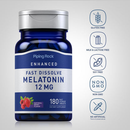 Piping Rock Melatonin 12 mg – 180 Fast-Dissolve Tablets (Berry) – Non-GMO, Gluten Free | Pack of 2