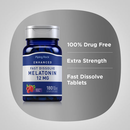 Piping Rock Melatonin 12 mg – 180 Fast-Dissolve Tablets (Berry) – Non-GMO, Gluten Free | Pack of 2