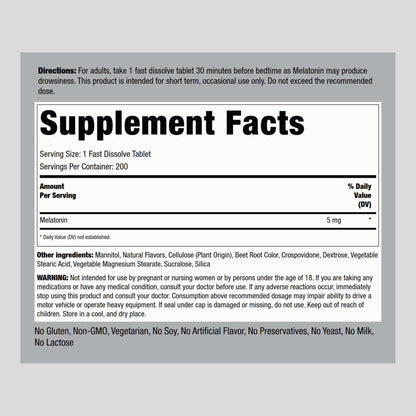 Piping Rock Melatonin 5mg – 200 Fast Dissolve Tablets | Berry Flavor | Vegetarian, Non-GMO, Gluten Free