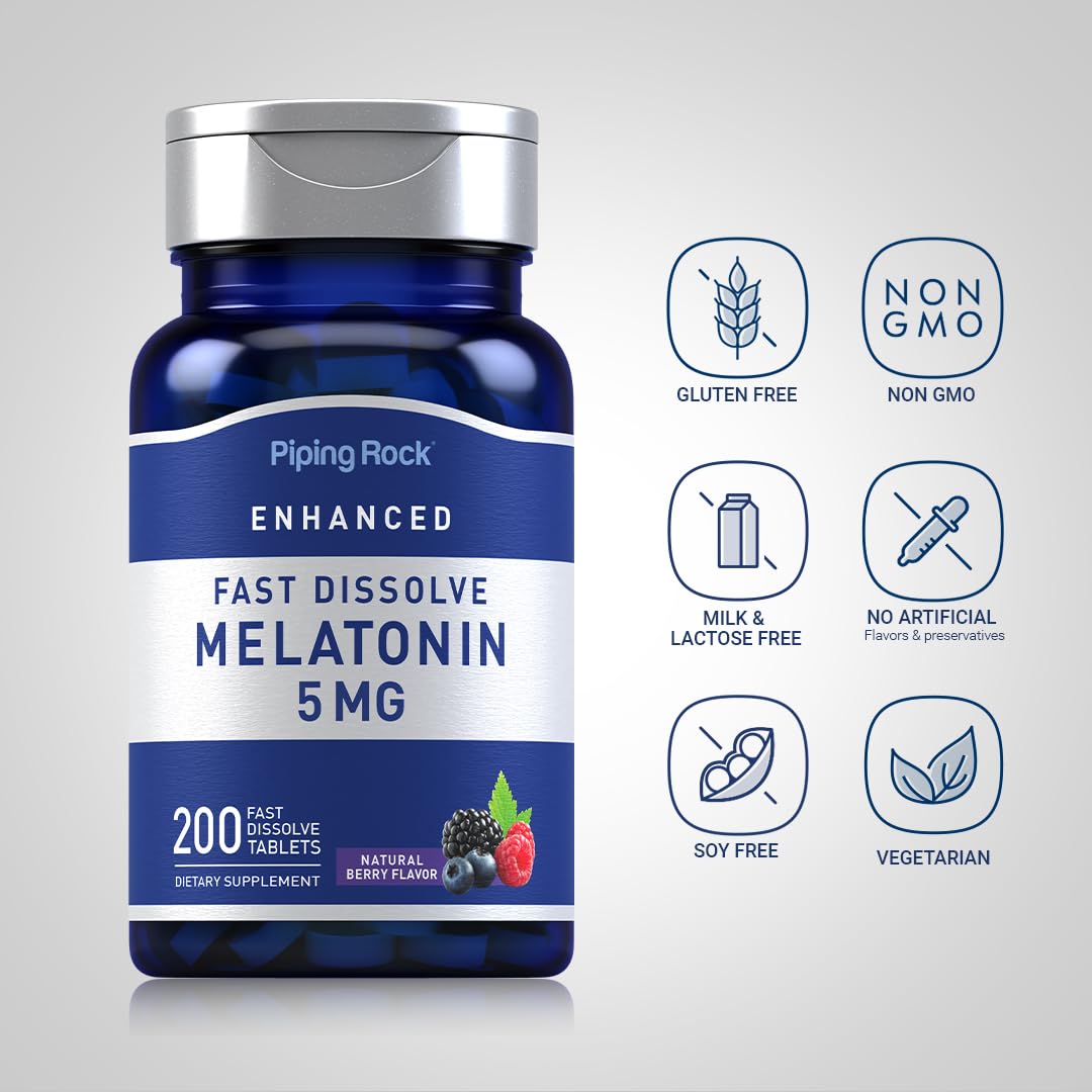 Piping Rock Melatonin 5mg – 200 Fast Dissolve Tablets | Berry Flavor | Vegetarian, Non-GMO, Gluten Free
