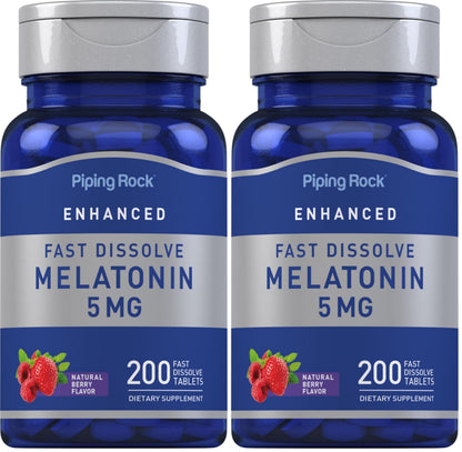 Piping Rock Melatonin 5mg | Berry Flavor | 2-Pack | 200 Tablets per Bottle