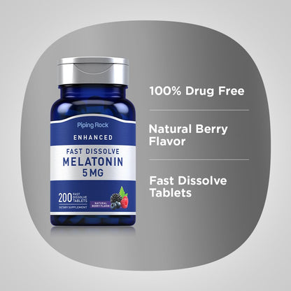 Piping Rock Melatonin 5mg | Berry Flavor | 2-Pack | 200 Tablets per Bottle
