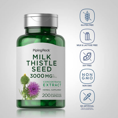 Piping Rock Milk Thistle 3000mg – 200 Capsules (Non-GMO, Gluten Free)
