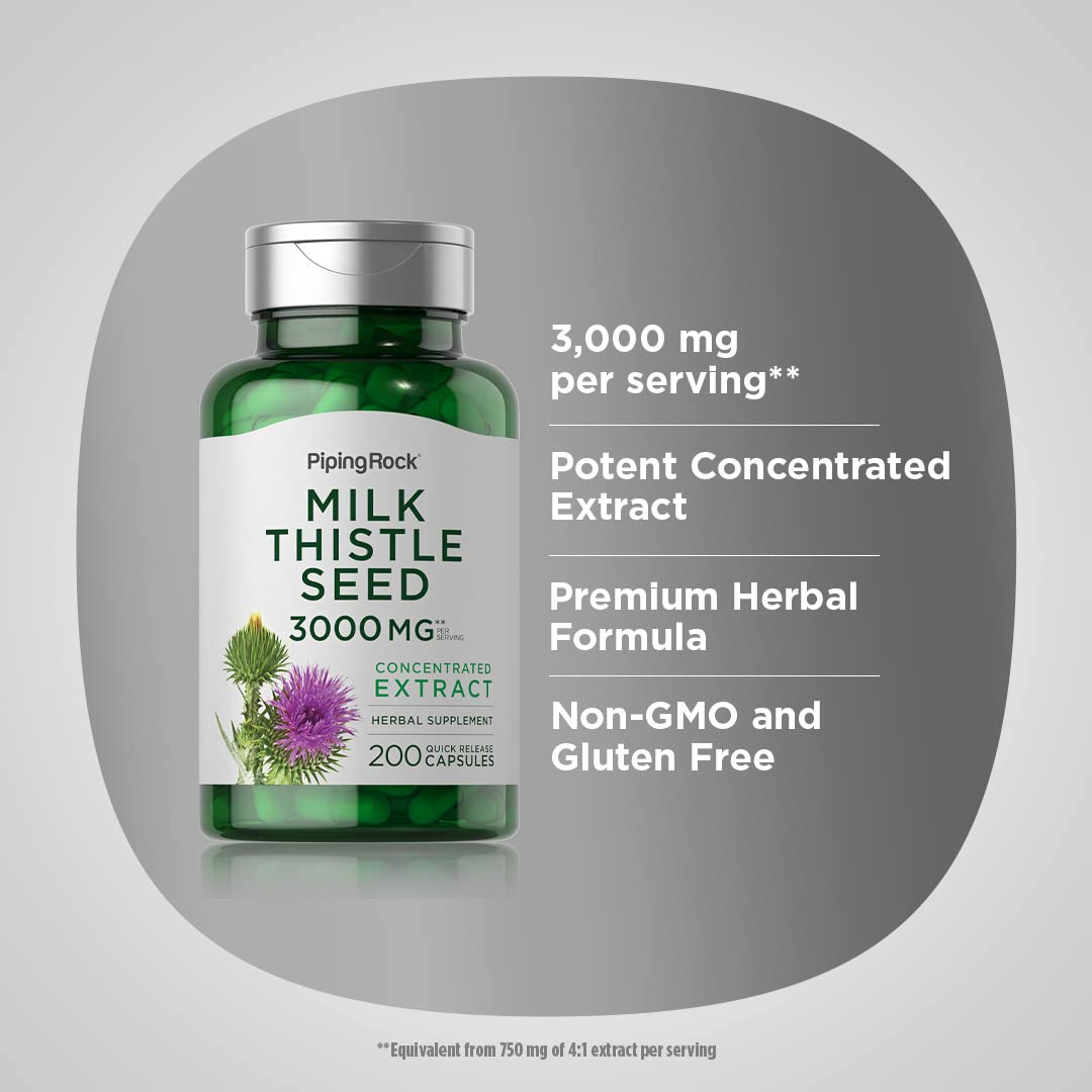 Piping Rock Milk Thistle 3000mg – 200 Capsules (Non-GMO, Gluten Free)