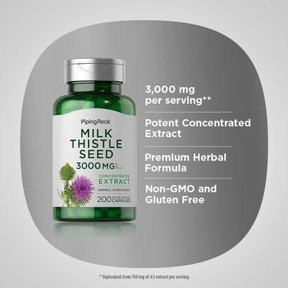 Piping Rock Milk Thistle 3000mg – 200 Capsules (Non-GMO, Gluten Free)