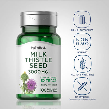 Piping Rock Milk Thistle 3000mg – 100 Capsules | Non-GMO & Gluten Free (Pack of 2)